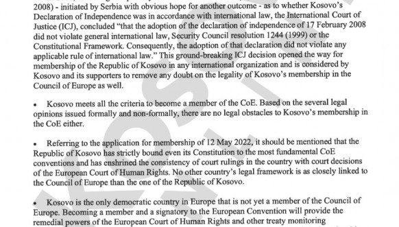 Non paper Albanije povodom zahteva Kosova za clanstvo u Savetu Evrope