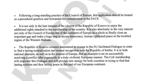 Non paper Albanije povodom zahteva Kosova za clanstvo u Savetu Evrope