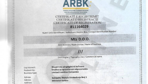 Sertifikat o registraciji MTS d.o.o. Sertifikat o registraciji MTS d.o.o.