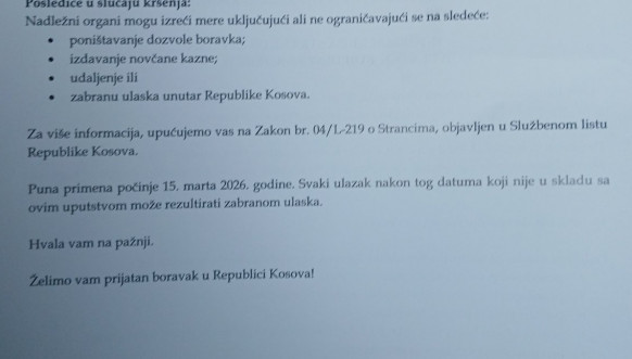 Informacija MUP-a Kosova o strancima