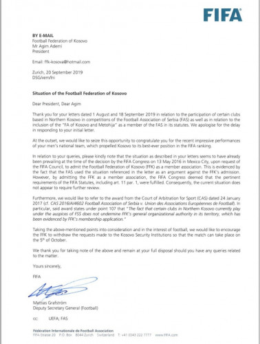  FIFA pismo FS Kosova