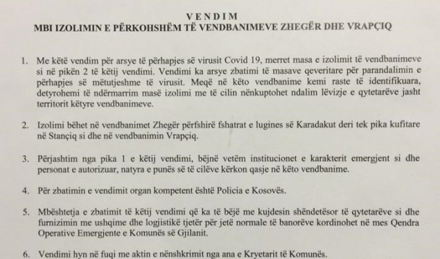 Odluka predsednika opštine Gnjilane da dva sela u toj opštini budu u karantinu Odluka predsednika opštine Gnjilane da dva sela u toj opštini budu u karantinu