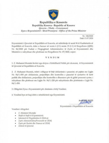 Hoti razrešio Mustafu sa mesta političkog savetnika za ekonomiju Hoti razrešio Mustafu sa mesta političkog savetnika za ekonomiju