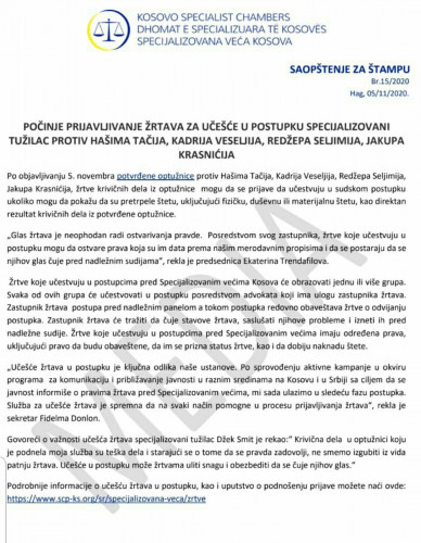 Saopštenje Specijalizovanih veća Kosova Saopštenje Specijalizovanih veća Kosova