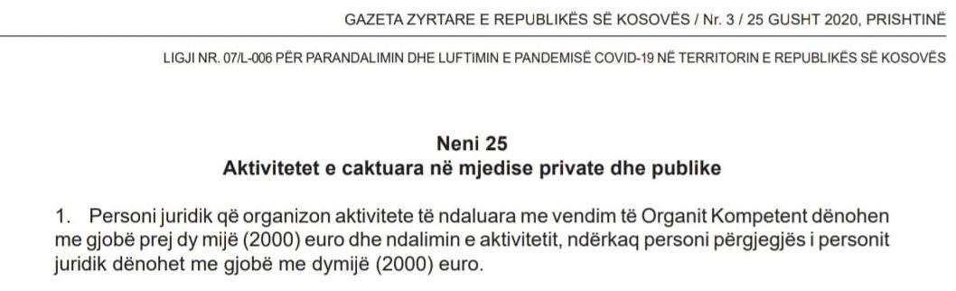 Novčana kazna za okupljanje 2.000 evra Novčana kazna za okupljanje 2.000 evra