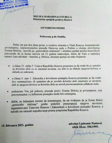 Otvoreno pismo advokata Pantovića ministarki Haradinaj Stubli Otvoreno pismo advokata Pantovića ministarki Haradinaj Stubli