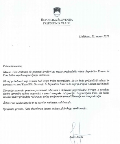 Čestitka premijera Slovenije