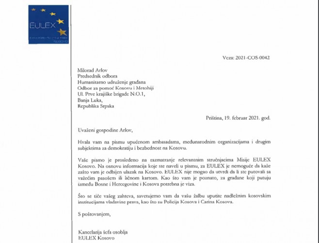 Odgovor Euleksa na zabranu ulaska Miloradu Arlovu