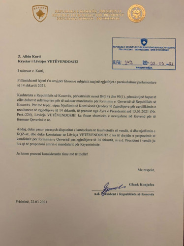 Pismo upućeno Kurtiju u kojem traži ime mandatara za sastav nove vlade Pismo upućeno Kurtiju u kojem traži ime mandatara za sastav nove vlade