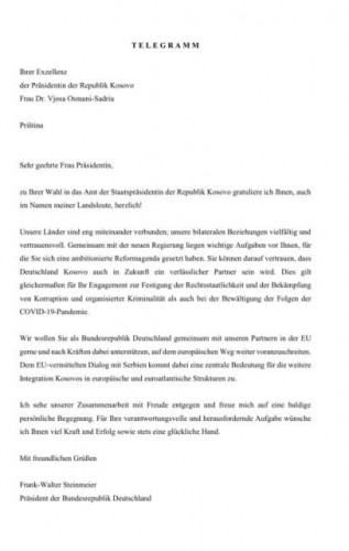 Telegram čestitka Štajnmajera Osmani Telegram čestitka Štajnmajera Osmani