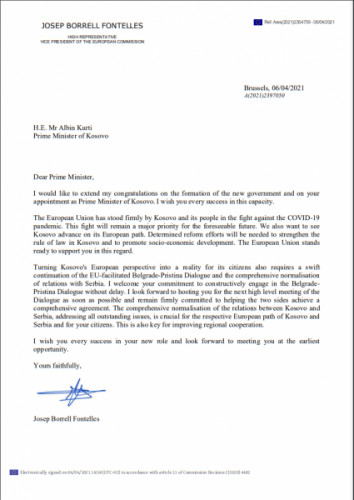Pismo šefa diplomatije EU upućeno Kurtiju Pismo šefa diplomatije EU upućeno Kurtiju