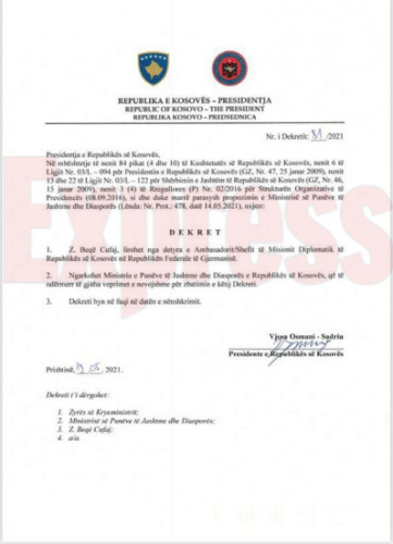 Uredba Vjose Osmani o smeni ambasadorke Kosova u Nemačkoj Uredba Vjose Osmani o smeni ambasadorke Kosova u Nemačkoj