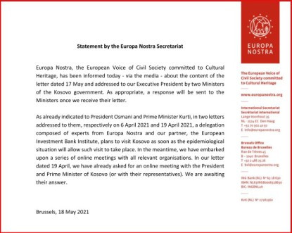 Pismo organizacije "Evropa nostra"