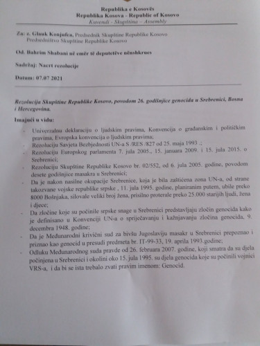 Nacrt rezolucije o Srebrnici u kosovskoj Skupštini