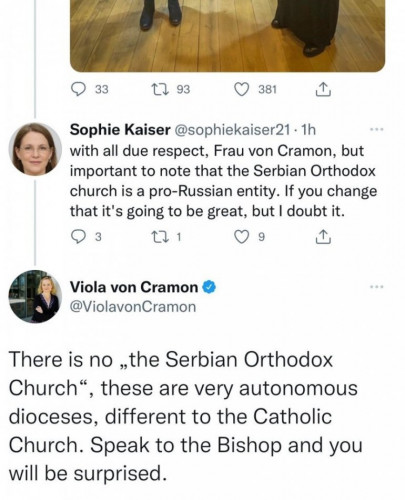 Fon Kramon na Tviteru napisala da "SPC ne postoji" Fon Kramon na Tviteru napisala da "SPC ne postoji"