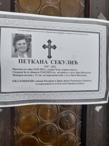 Čitulja - Petkana Sekulić Čitulja - Petkana Sekulić