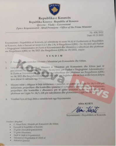 Odluka Valde Kosova o imenovanju