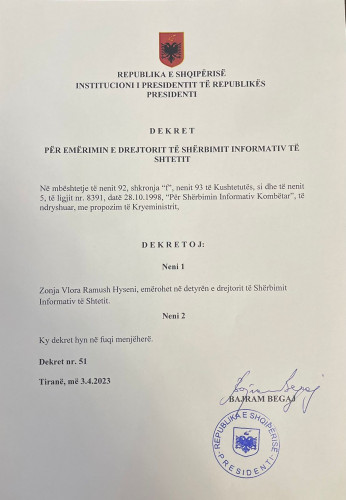 Ukaz prdsednika Albanije o imenovanju šefa obaveštajne službe Albanije