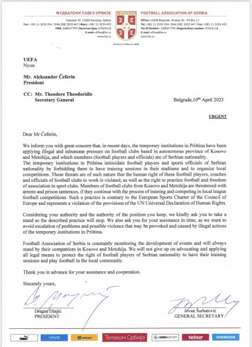 Pismo FSS predsedniku UEFA