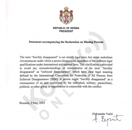 Priložena izjava predsednika Vučića uz Deklaraciju o nestalima
