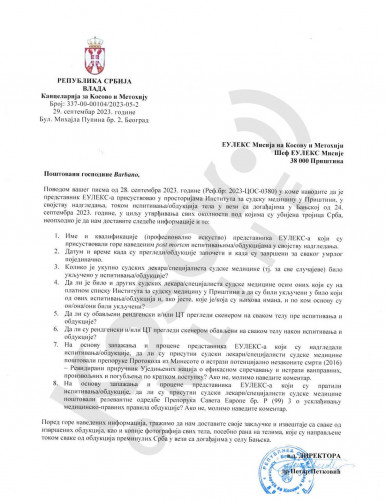Dopis Kancelarije za KiM Euleksu u vezi sa obdukcijama