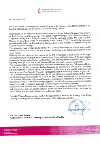 Protestno pismo Muzeja genocida nemačkoj ambasadi u Beogradu