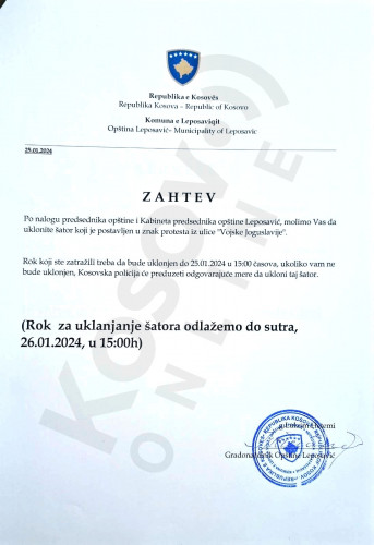 Leposavić, dopis gradonačelnika Srbima da uklone šator 