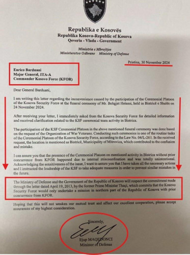 Pismo Vlade Kosova Kforu o KBS na severu
